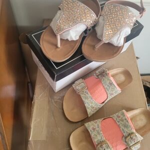 Girls Cat & Jack Pink Floral Buckle Slide and Embellished Blush T-Strap Sandals